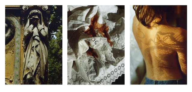 This triptych came together with a picture I made at Cimitiere du Pere Lachaise in Paris, where I appropriated grief for shame. From Woman to Woman 1990, Triptych 4.